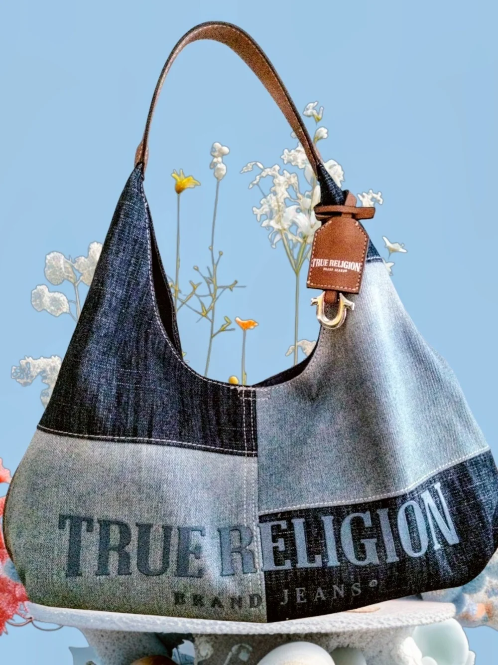 True Religion Monogram Denim Patchwork Hobo Bag in Blue